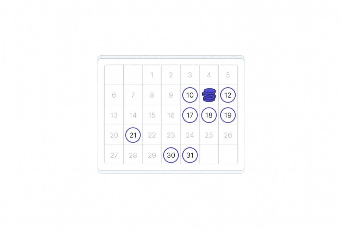 A payout calendar with expected dates circled